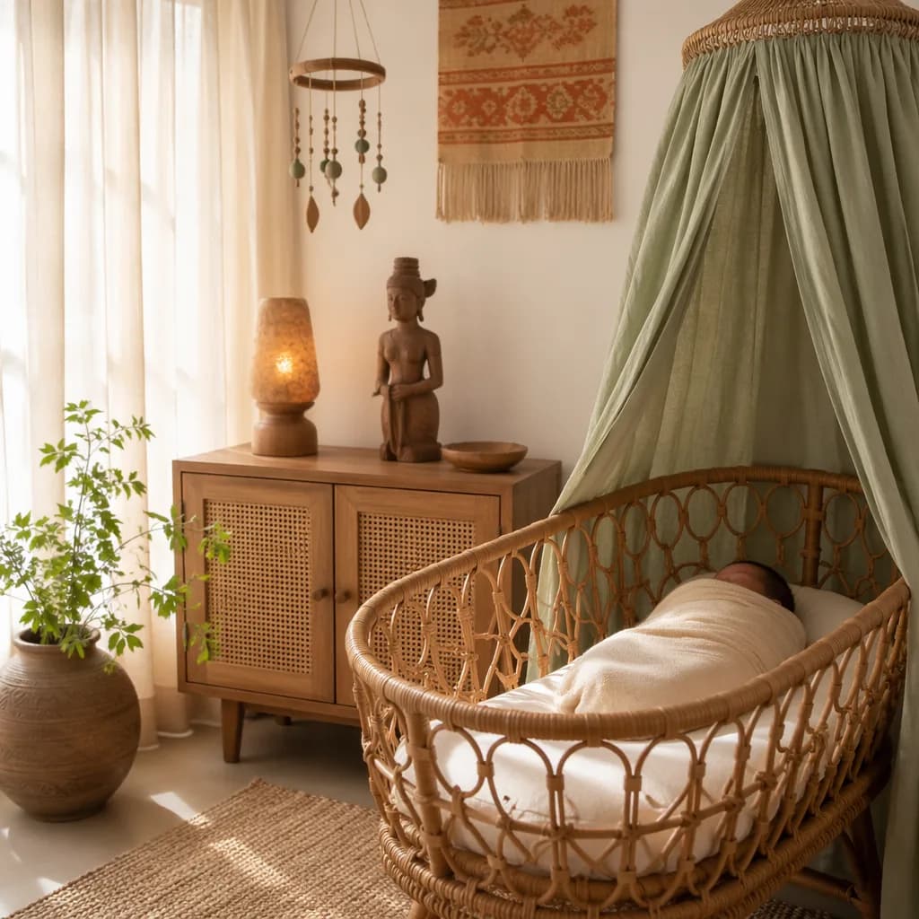 Sleeping baby in a cozy Indonesian-inspired nursery with soft lantern light.