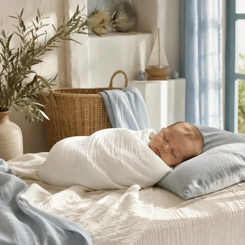 A peaceful Greek-inspired nursery with a sleeping swaddled baby, olive branch, and soft pastel light.