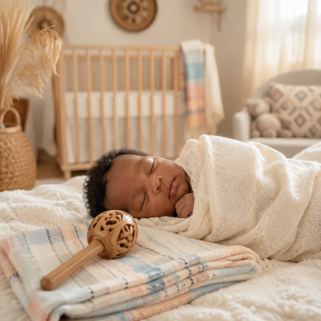 Peaceful newborn in a soft Yoruba-inspired nursery with pastel textiles and warm natural light.