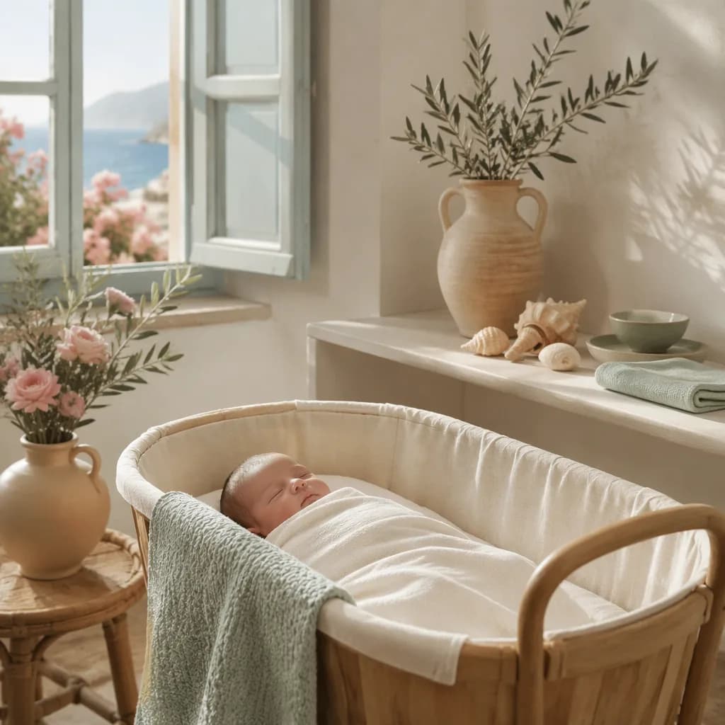 A peaceful newborn in a soft Greek-inspired nursery with olive branches and pastel decor.