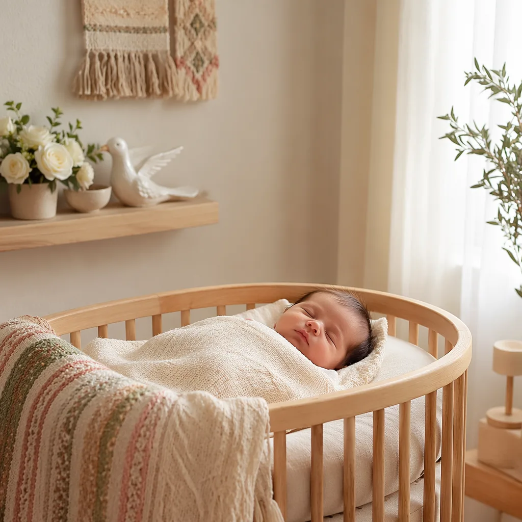A softly lit pastel nursery with a sleeping newborn in a cozy bassinet and gentle Spanish-inspired details.