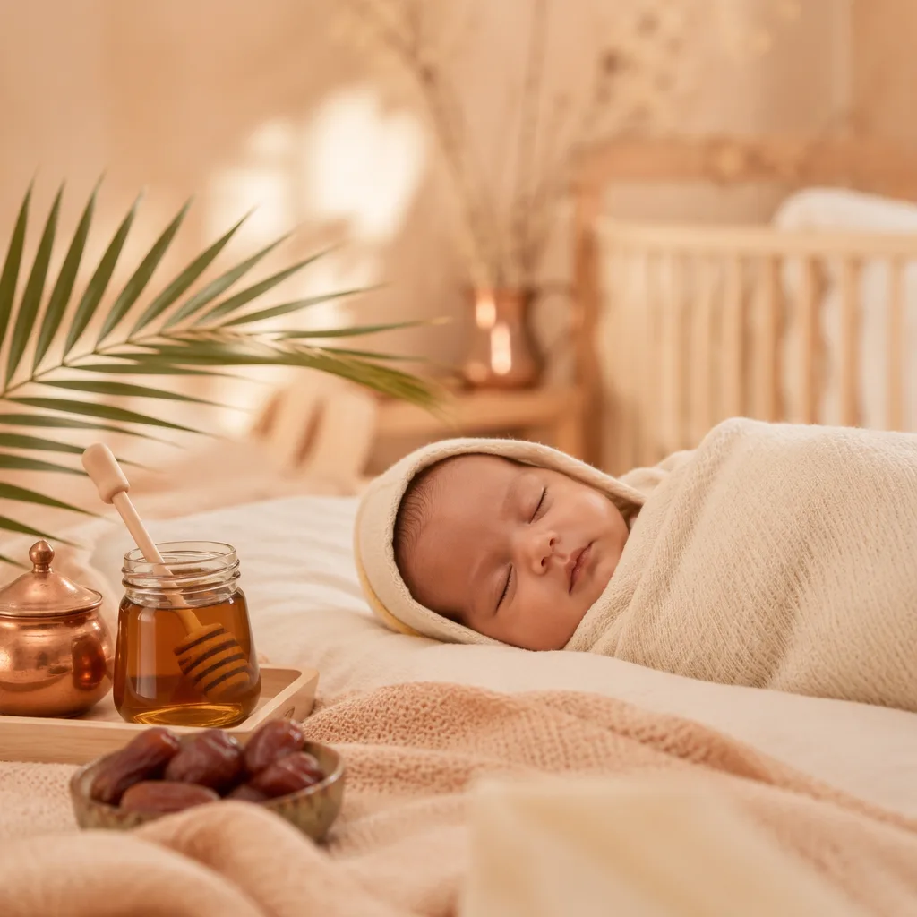 Sleeping baby in a soft Arabic-inspired nursery with honey, palm leaves, and copper accents