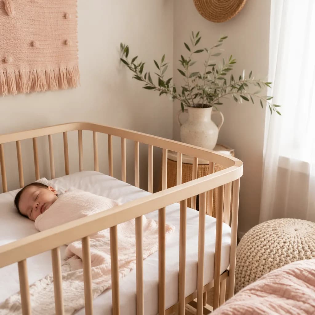 A peaceful pastel nursery with a sleeping baby and soft Mediterranean-inspired details.