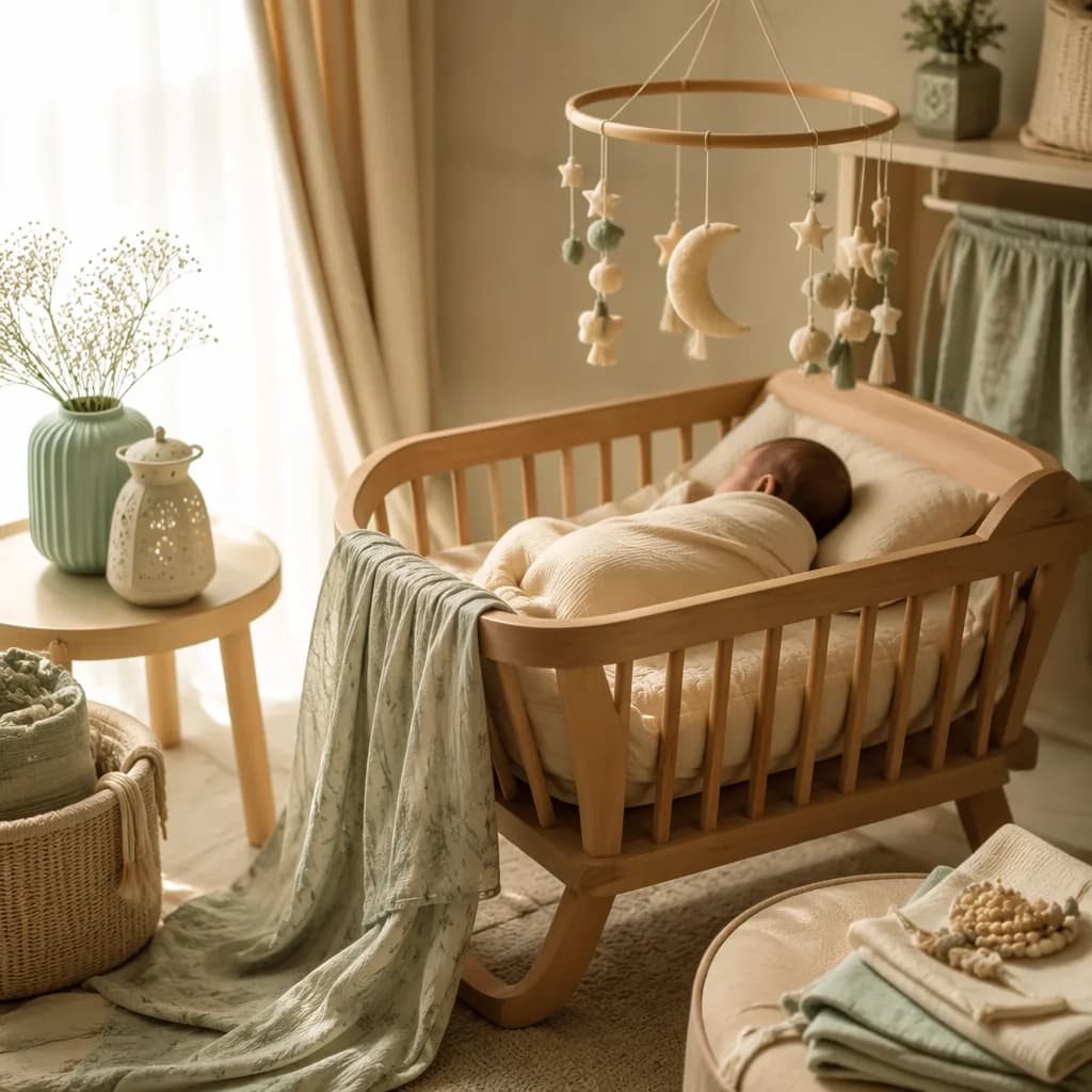 Peaceful newborn in a soft pastel Urdu-inspired nursery with gentle natural light.