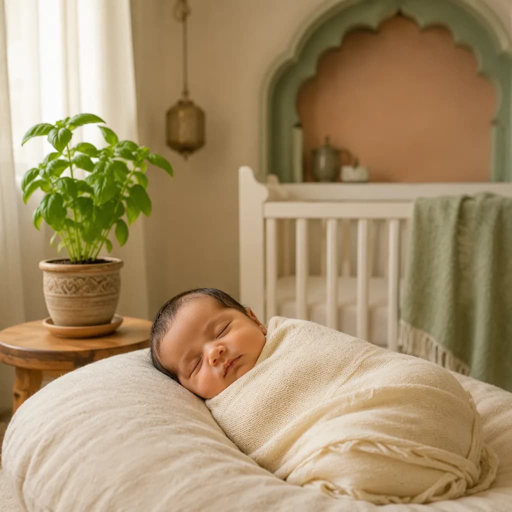 Sleeping swaddled baby in a soft Urdu-inspired nursery with a small basil plant.