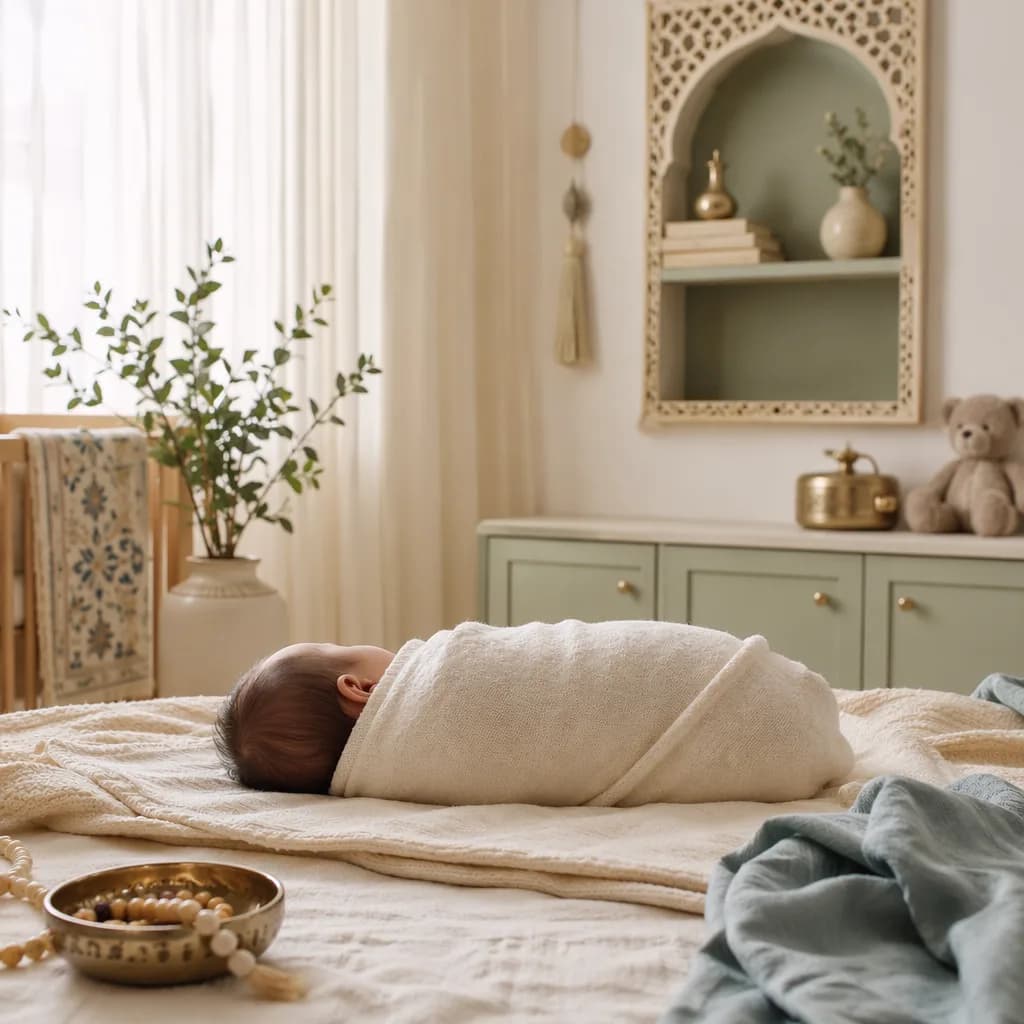 A softly lit Persian-inspired nursery with a swaddled baby and gentle heritage details.