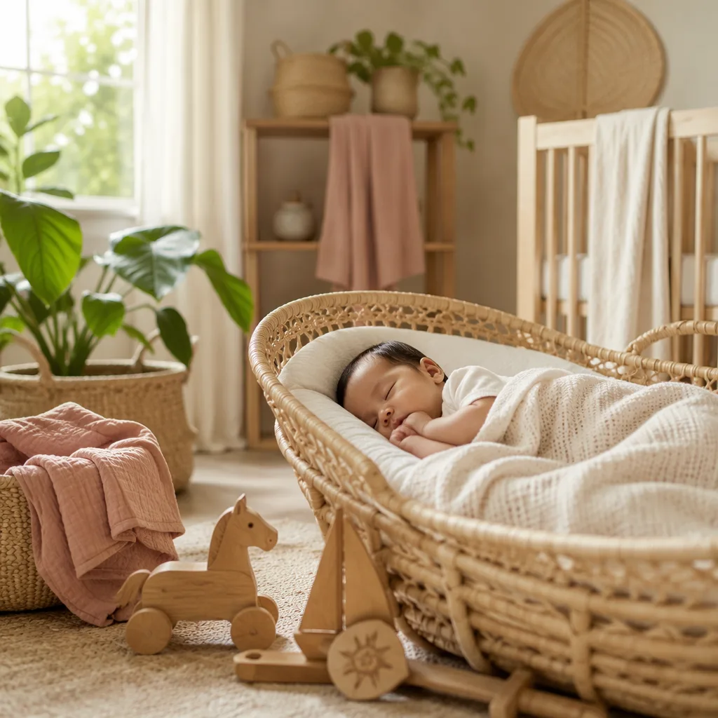 A peaceful Filipino nursery scene with a sleeping baby in a woven bassinet and soft pastel decor.