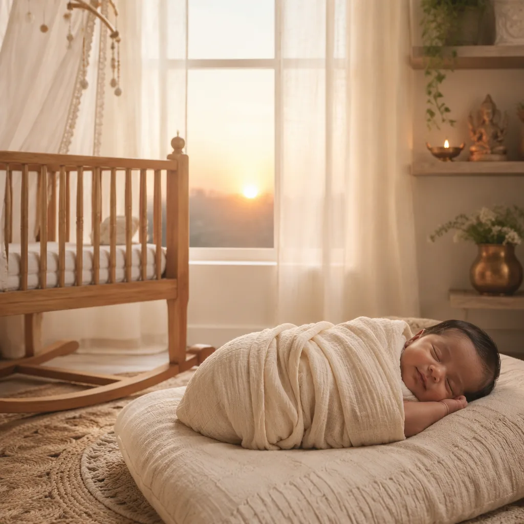 A peaceful baby in a soft pastel nursery with gentle morning light and subtle Indian decor.