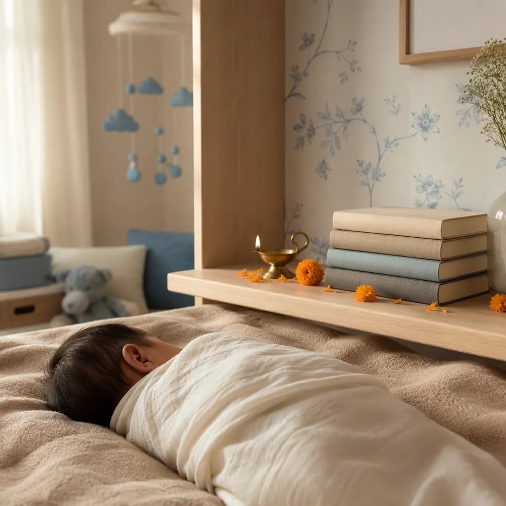 A serene pastel nursery with a swaddled baby, blue accents, books, and gentle Indian-inspired decor.