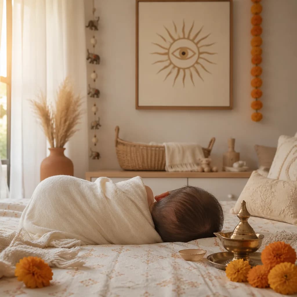 A peaceful pastel nursery with a swaddled sleeping baby and subtle Indian symbolic decor.