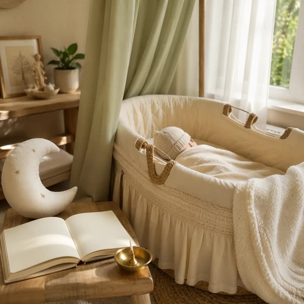 Peaceful pastel nursery with a sleeping baby, soft moon cushion, and wisdom-inspired decor.