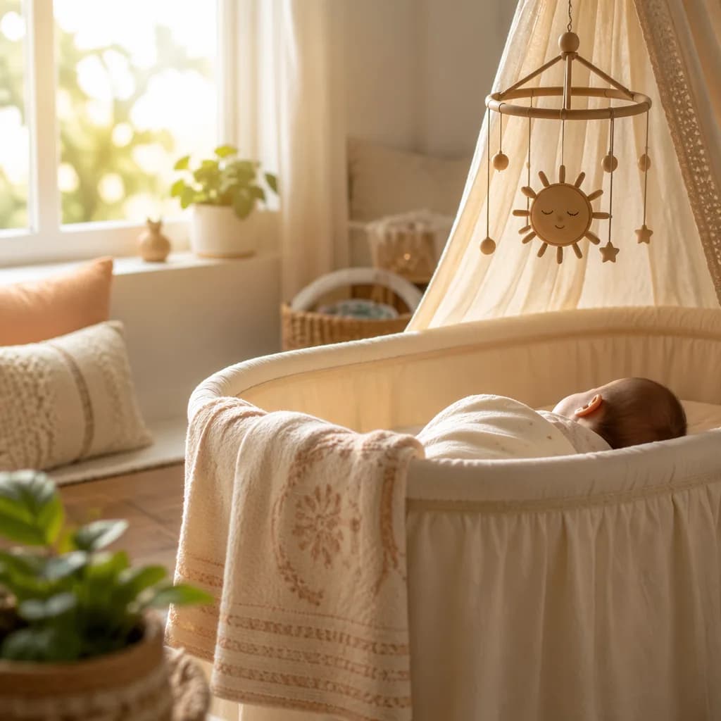 A peaceful baby nursery glowing with soft morning sunlight and warm pastel decor.