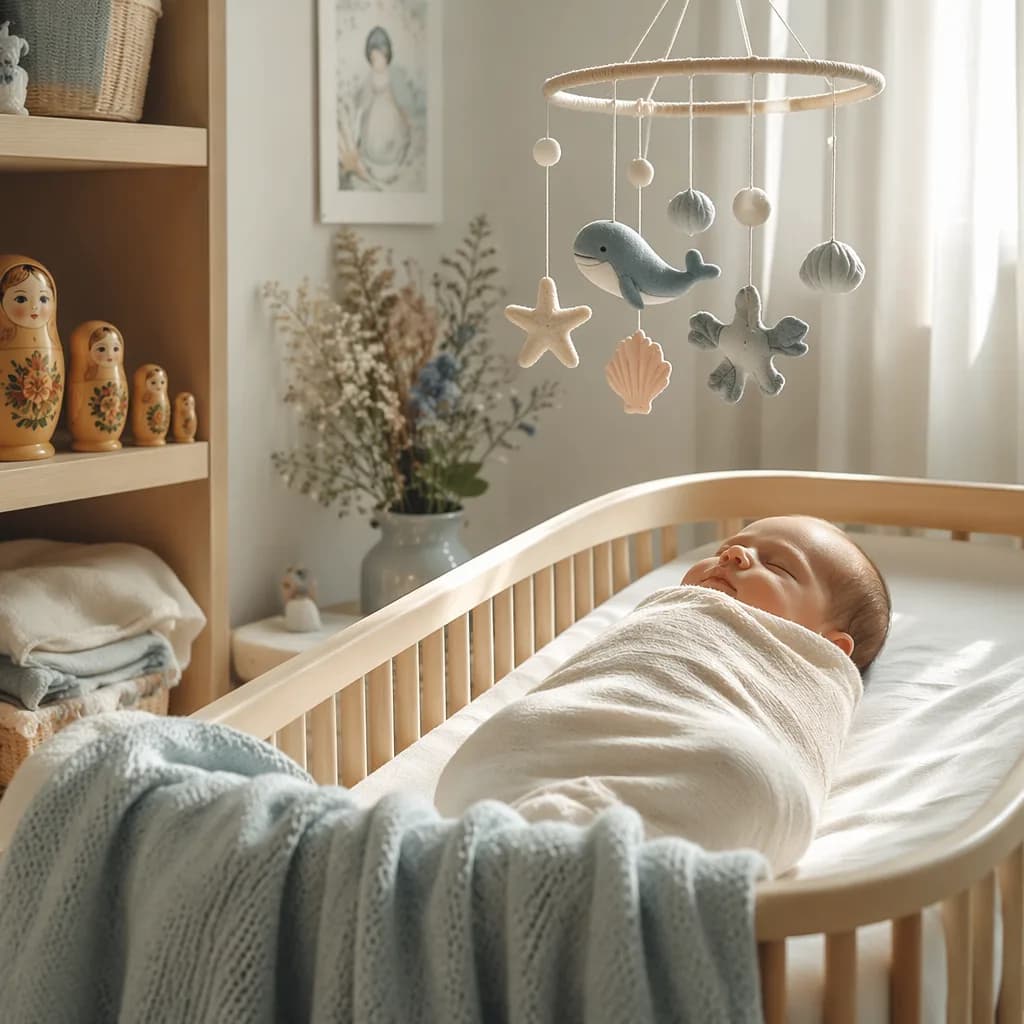 A peaceful swaddled newborn in a soft pastel Russian-inspired nursery with gentle natural light.