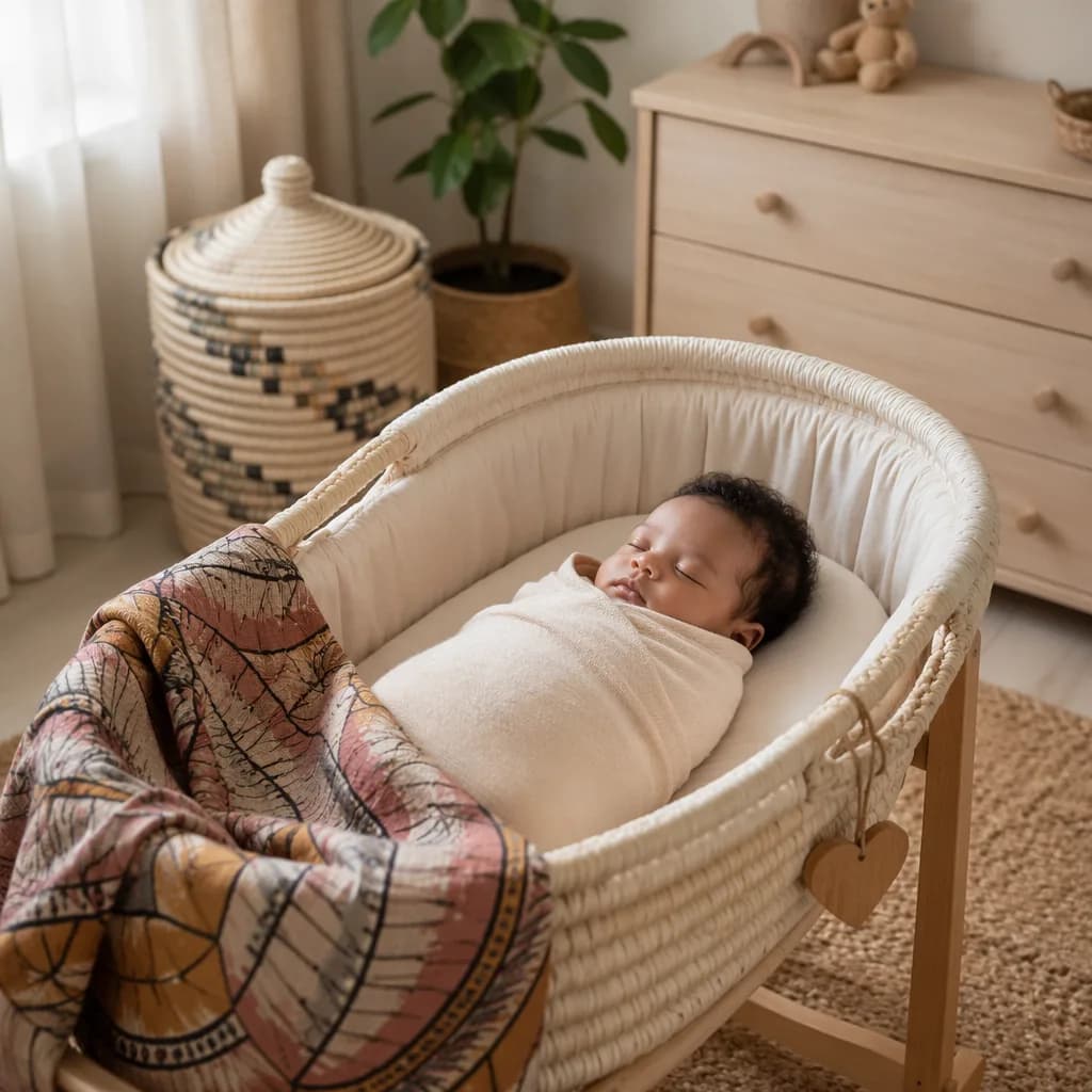 Sleeping baby in a warm pastel nursery with woven Swahili-inspired accents.