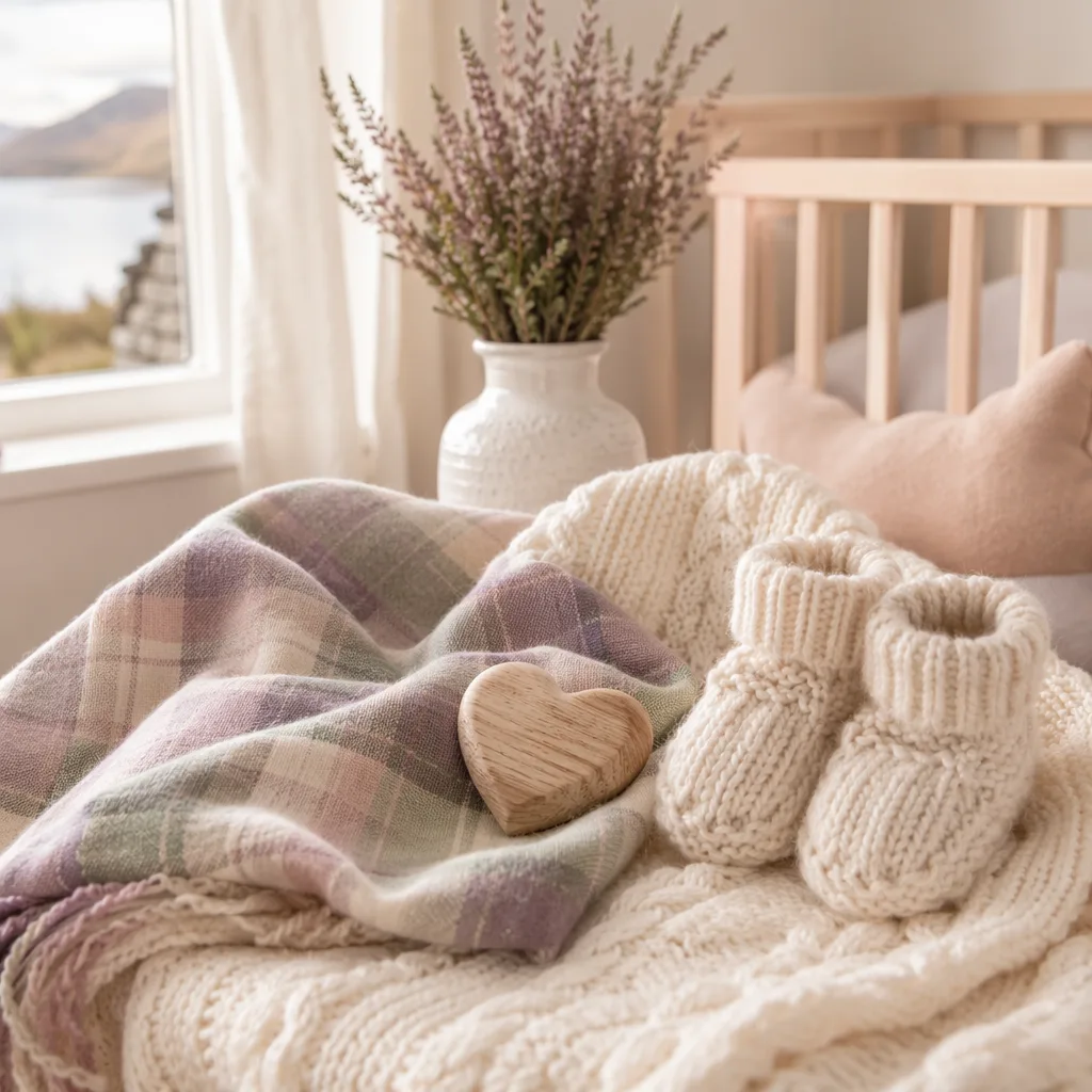 Cozy Scottish-inspired nursery still-life with tartan swaddle, baby booties, and a wooden heart.