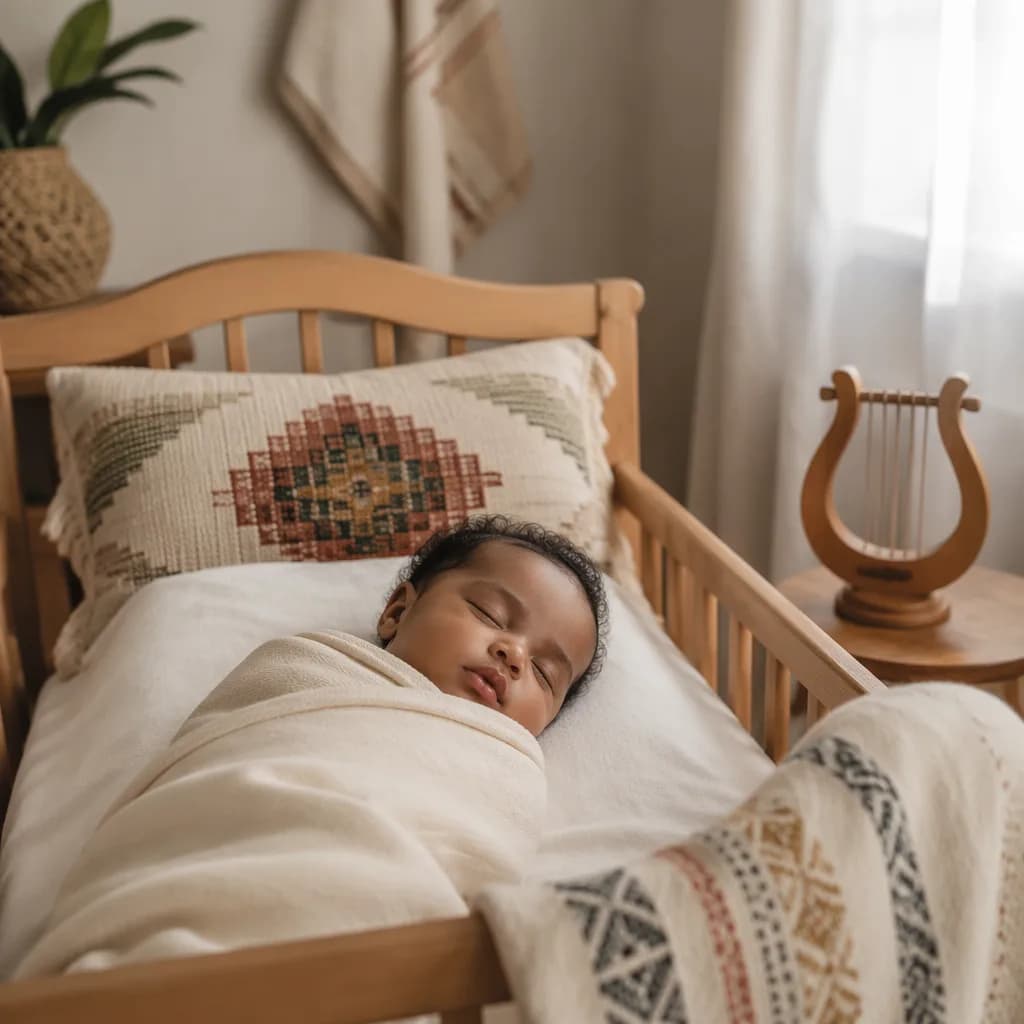 A peaceful Ethiopian baby swaddled in a cozy pastel nursery with soft natural light.
