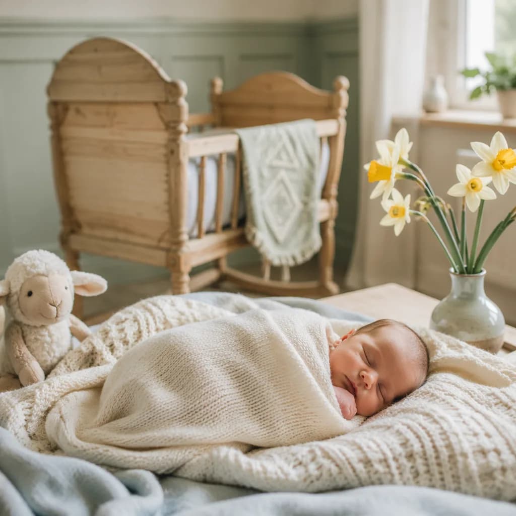 A peaceful Welsh-inspired nursery with a sleeping newborn, daffodils, and soft knitted blankets.