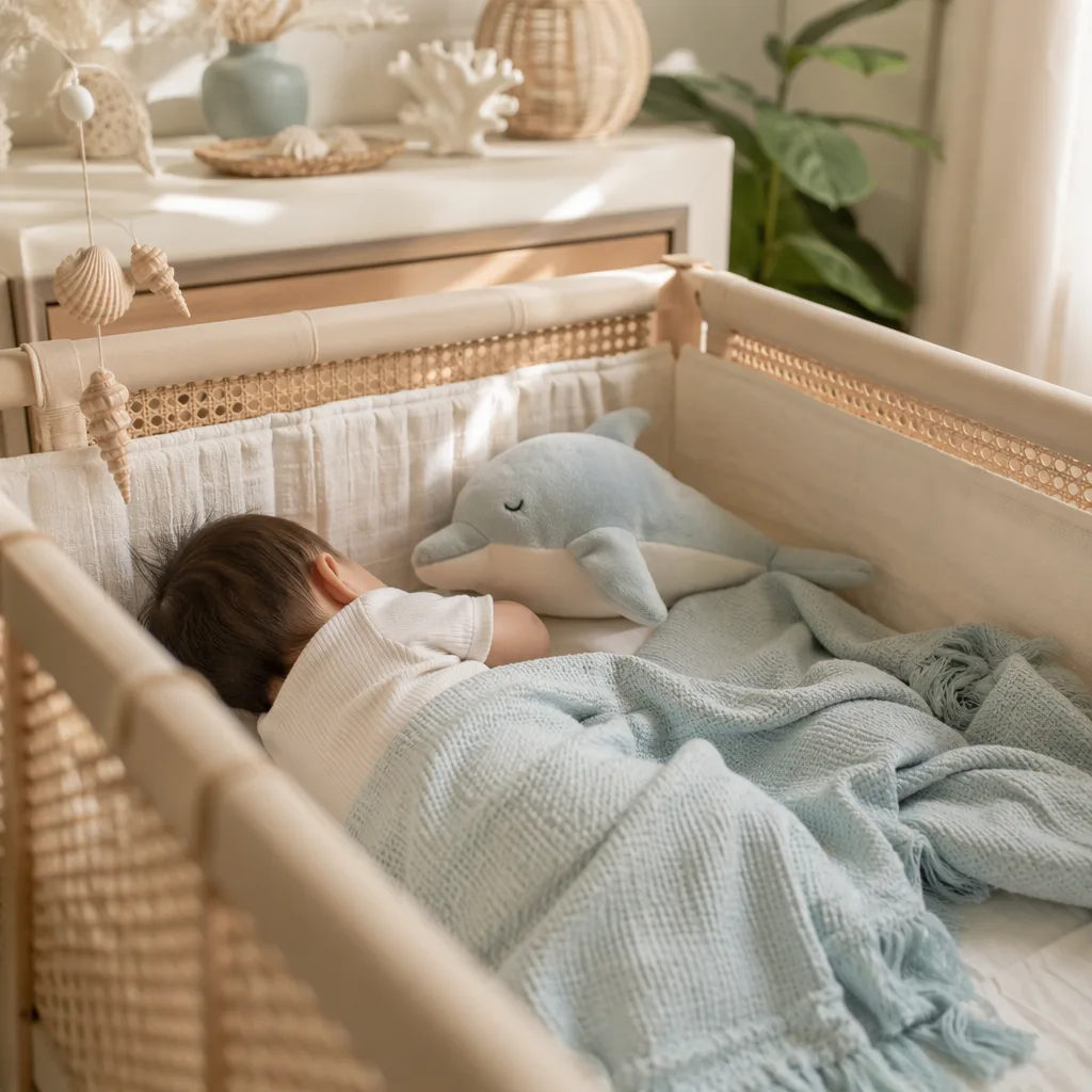 Sleeping baby in a soft coastal nursery with a plush dolphin and pastel decor.