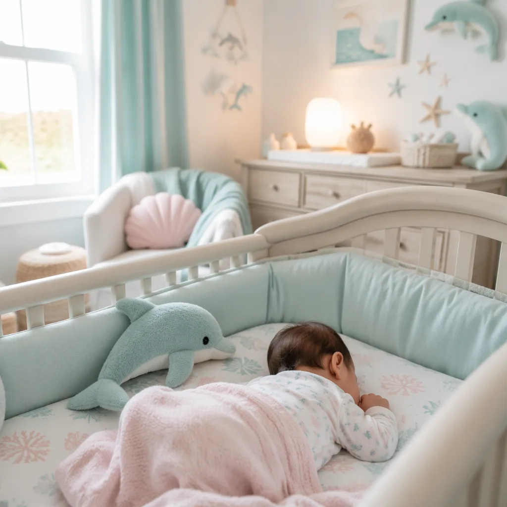 Soft pastel nursery with a sleeping baby and a dolphin plush toy.