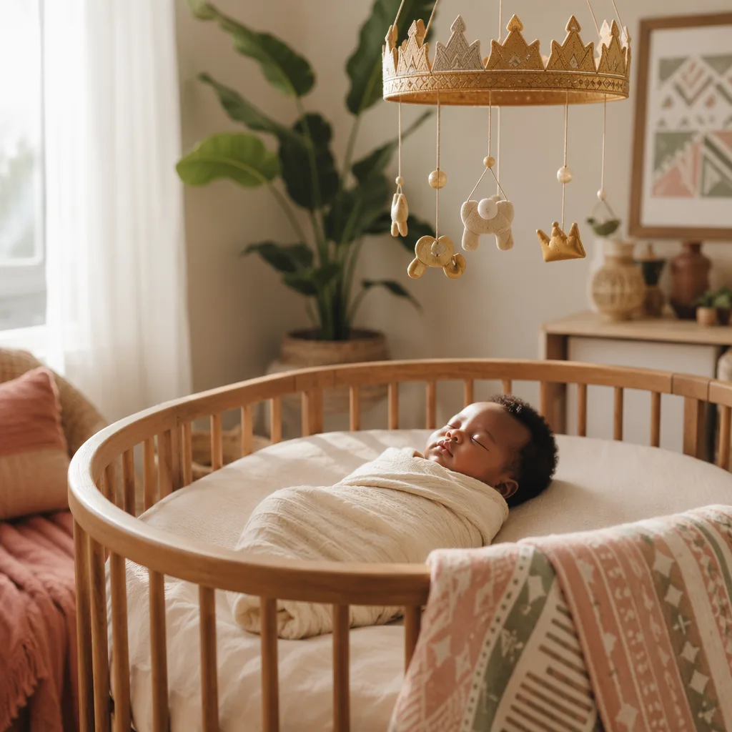 Peaceful Yoruba-inspired nursery with a sleeping baby, soft pastel decor, and a subtle crown mobile.