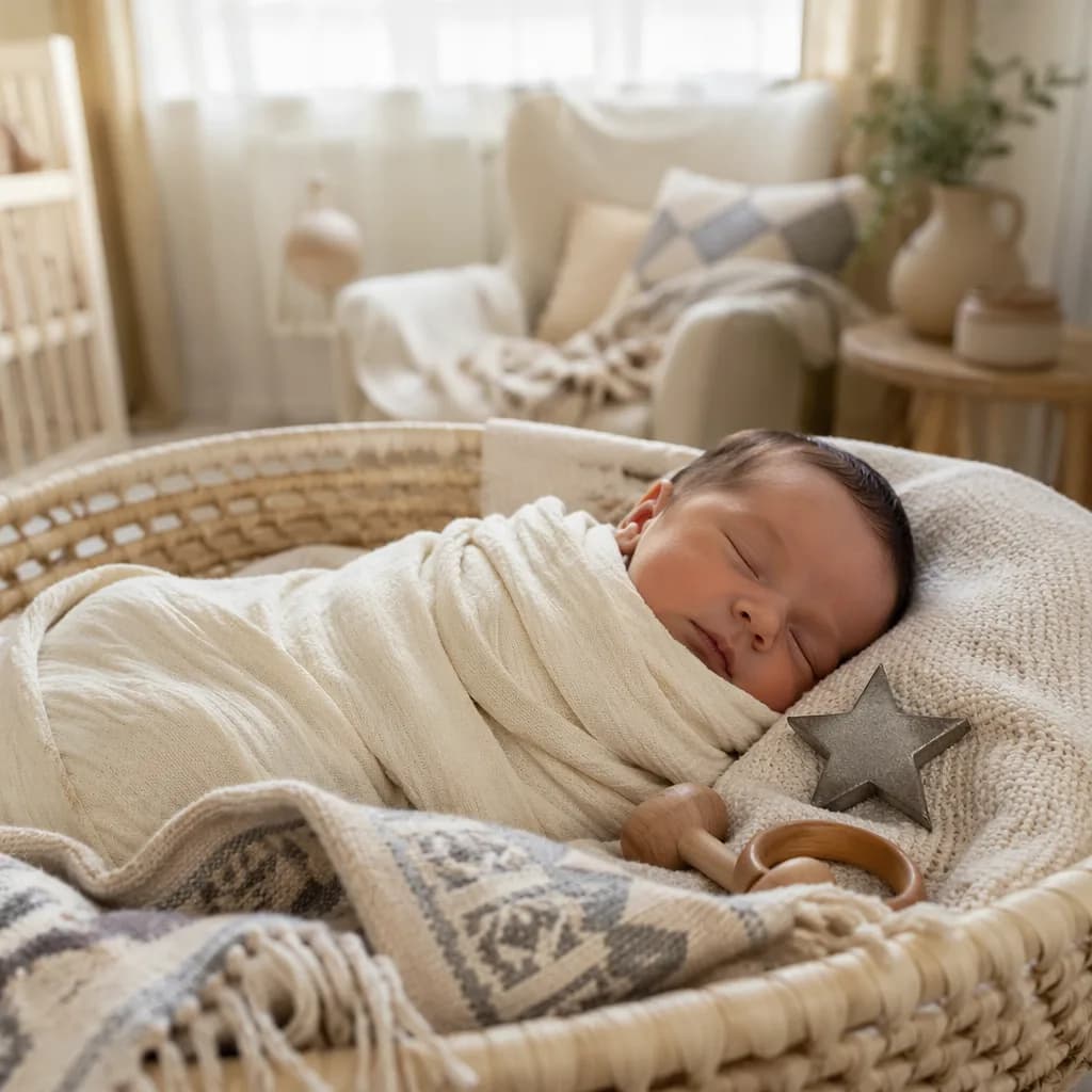 Sleeping swaddled baby in a soft nursery with an iron-gray charm and Turkish-inspired blanket.