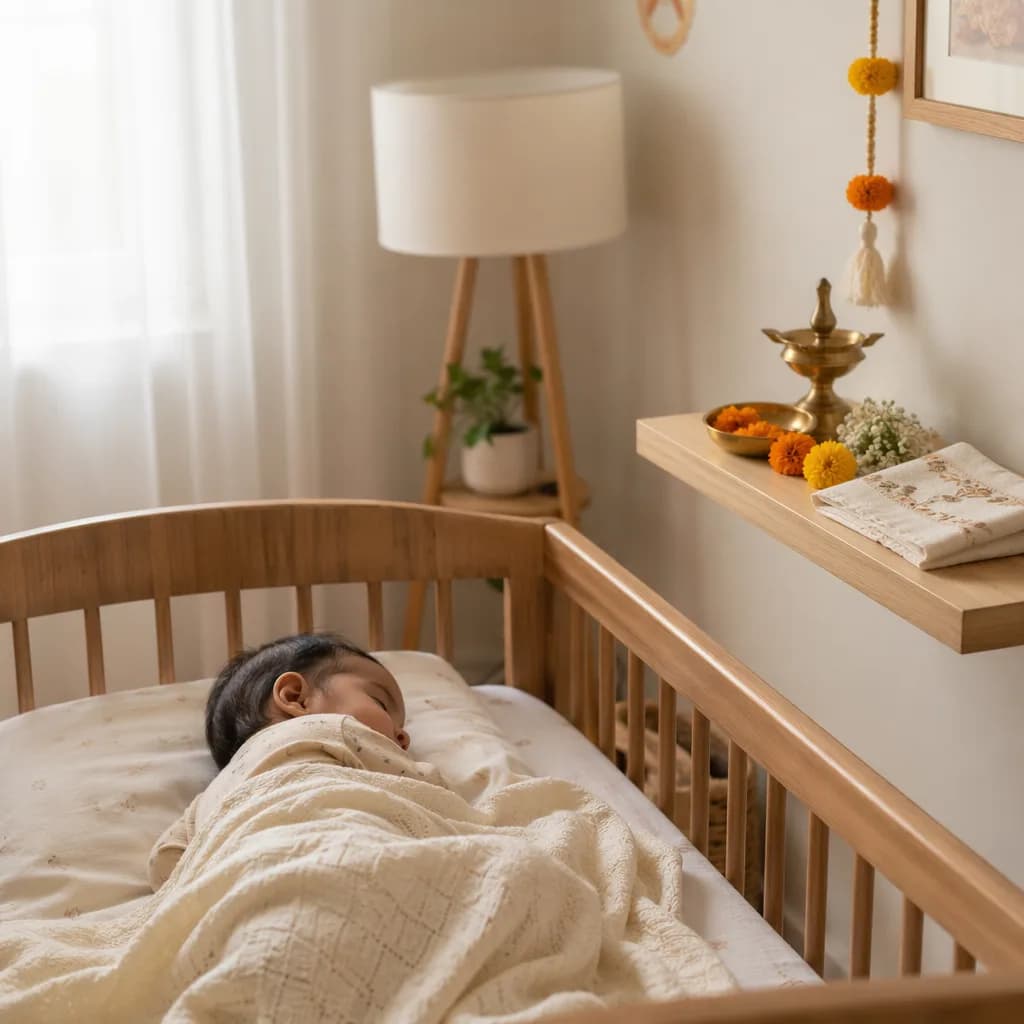 Peaceful Indian nursery scene with a sleeping baby and soft symbolic accents of blessing and dedication.