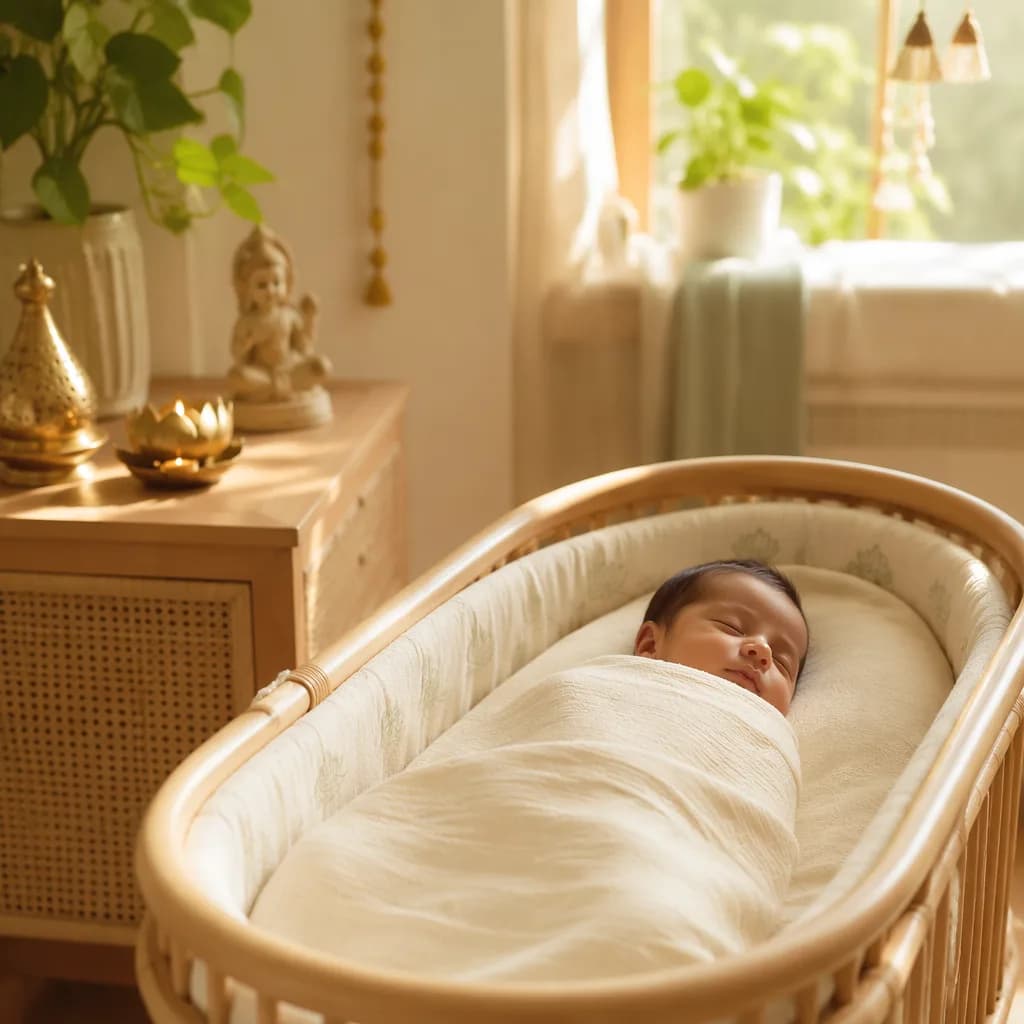 A peaceful newborn in a softly lit pastel nursery with subtle Indian-inspired decor.