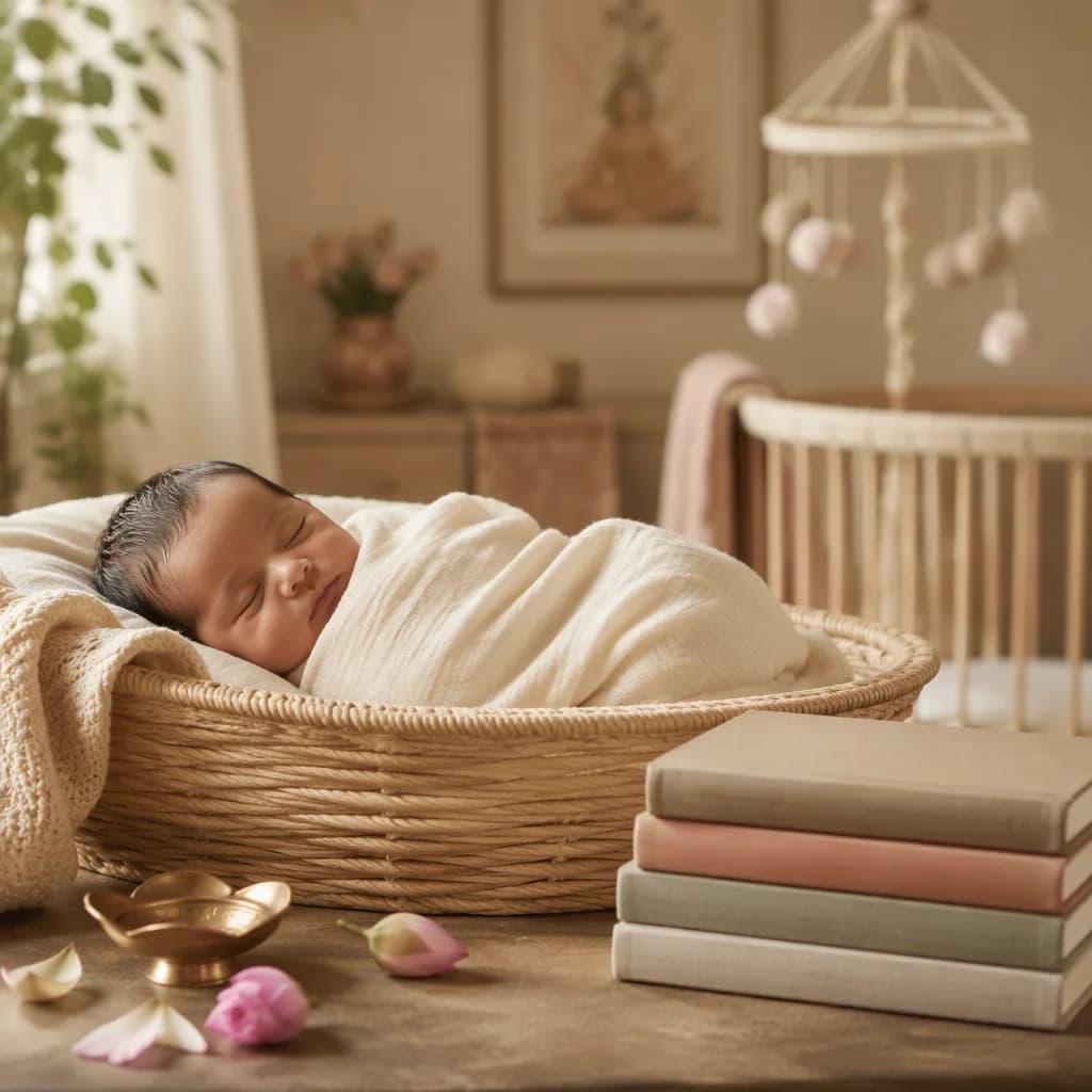 Sleeping newborn in a soft pastel nursery with lotus petals and gentle Sanskrit-inspired details.