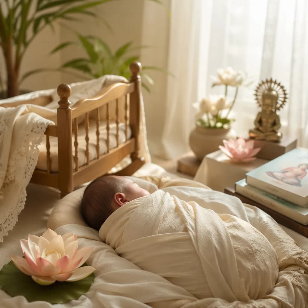 Serene pastel nursery with a swaddled sleeping baby, lotus accents, and warm natural light.