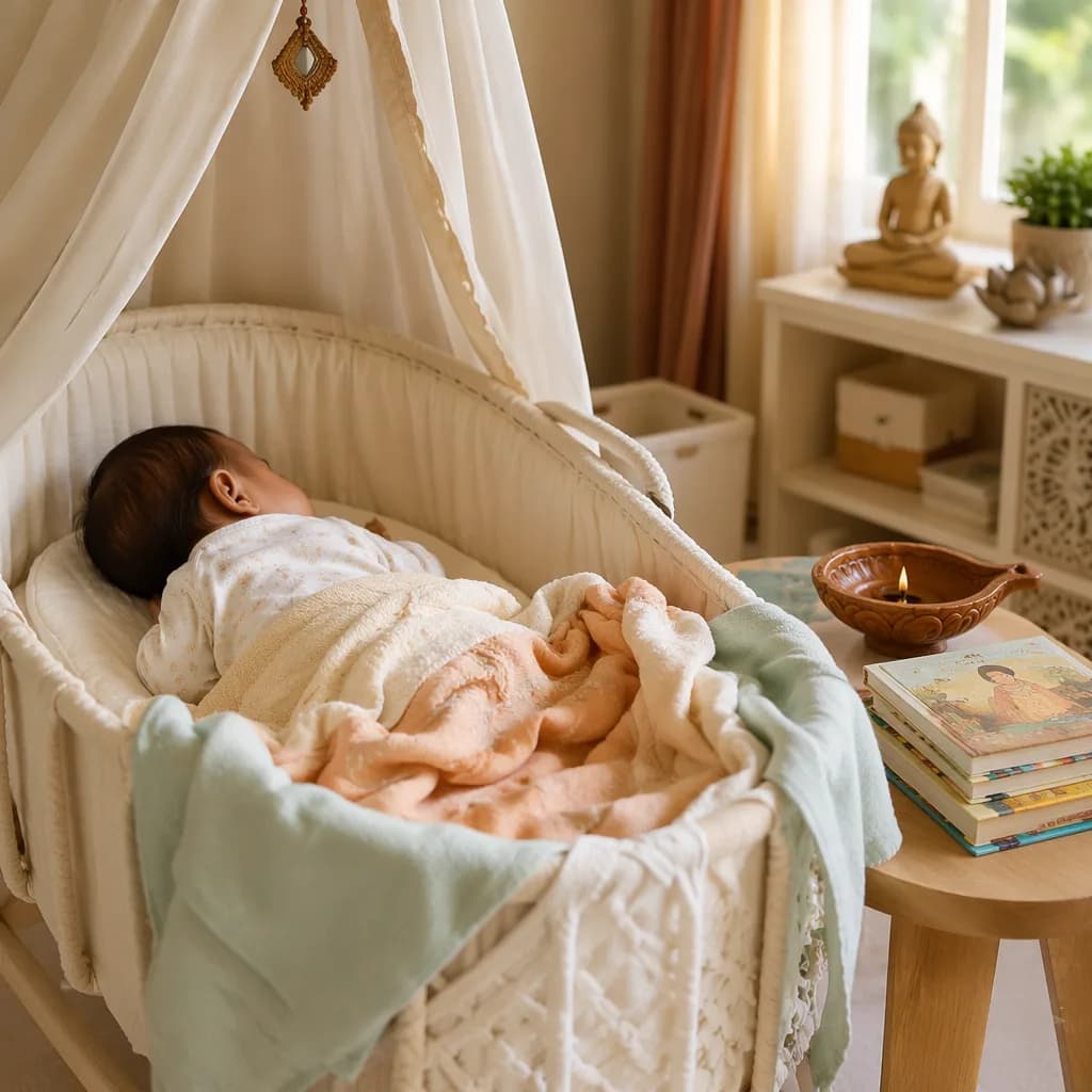 A peaceful baby in a warm pastel nursery with subtle Indian-inspired decor and soft natural light.