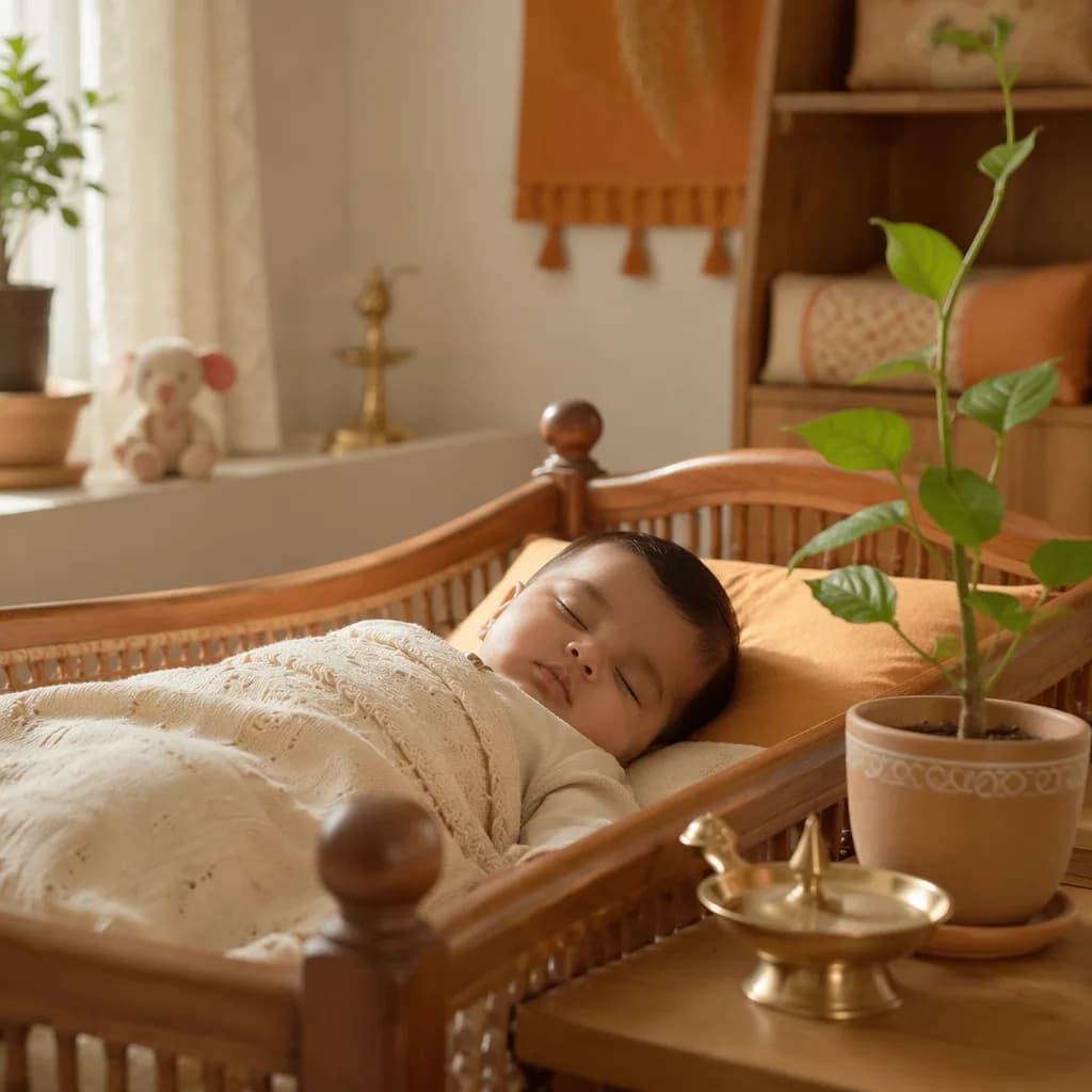 Peaceful baby in a warm pastel nursery with subtle Sanskrit-inspired decor.