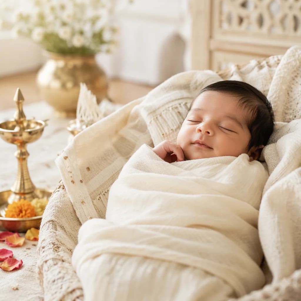 Peaceful newborn in a soft pastel nursery with gentle Indian-inspired accents.