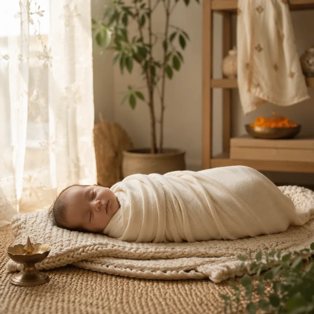 A peaceful pastel nursery with a swaddled sleeping baby and subtle Sanskrit-inspired decor.