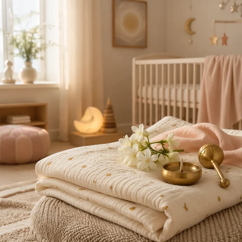 Soft pastel nursery still life with jasmine, baby blanket, and gentle celestial details.