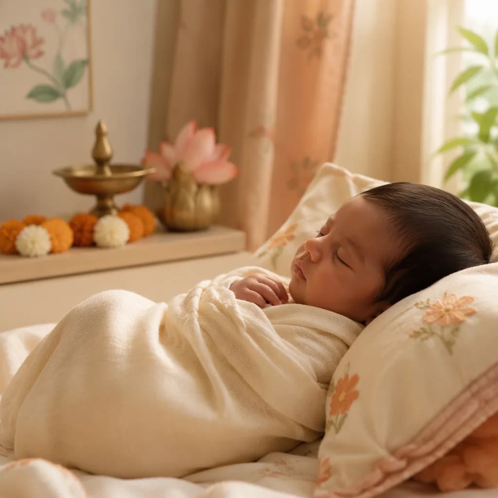 A peaceful swaddled baby in a softly lit Indian-inspired nursery with pastel decor.