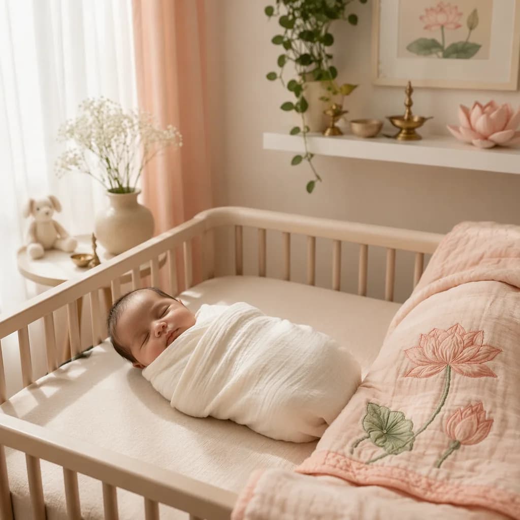 Peaceful swaddled newborn in a soft pastel nursery with delicate lotus-inspired decor.