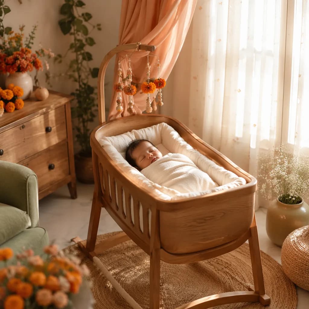 A softly lit modern nursery with a swaddled newborn in a wooden cradle and warm pastel floral accents.