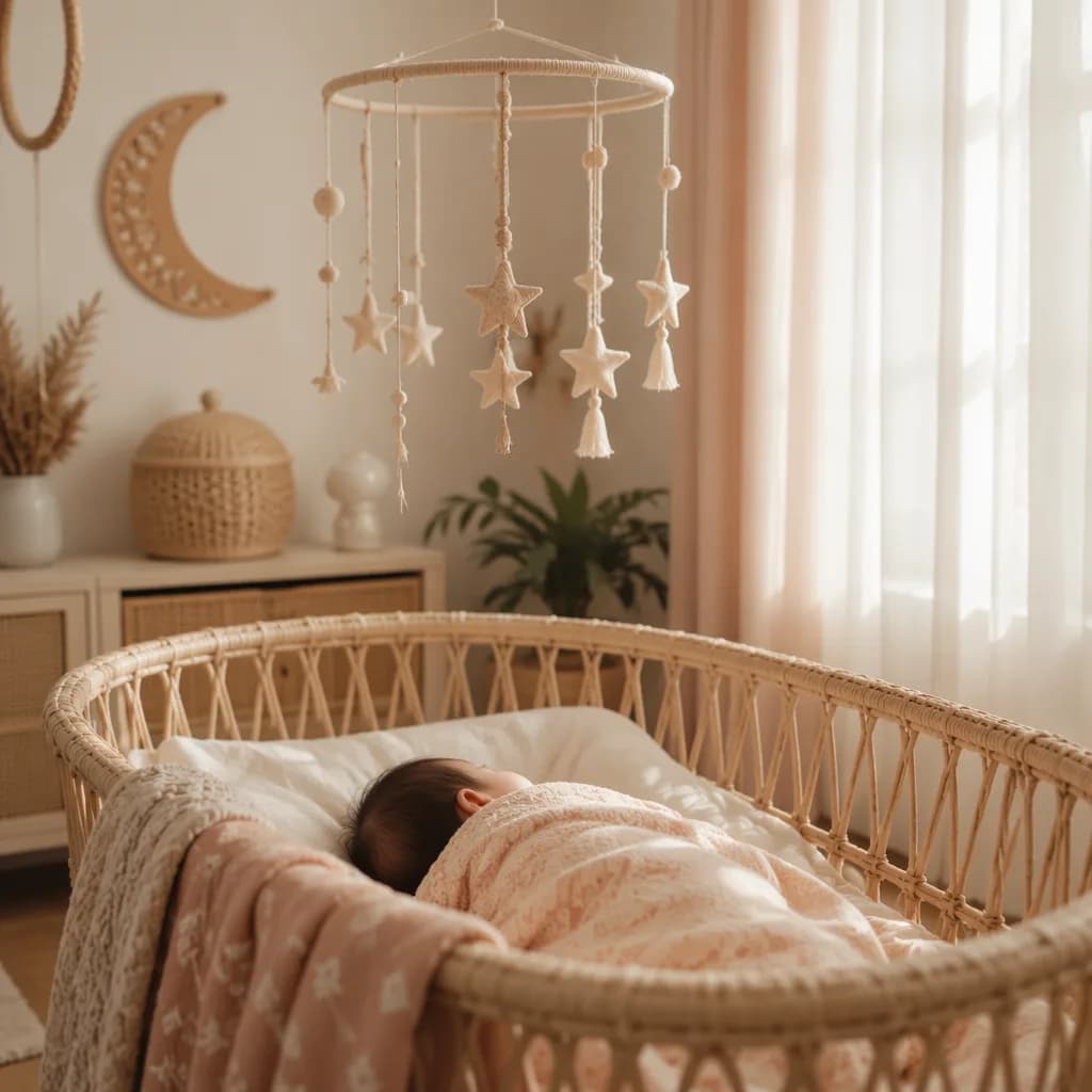 A serene pastel nursery with a sleeping baby and a delicate star mobile.