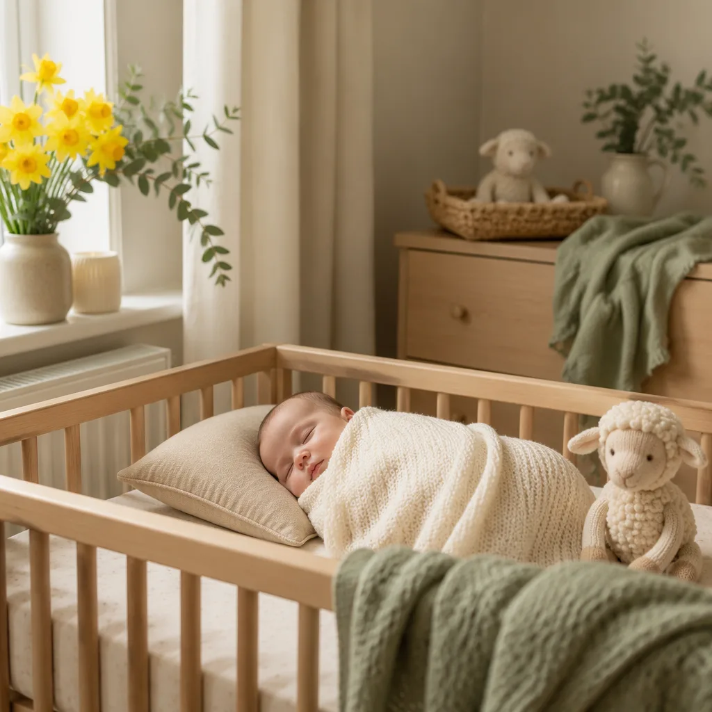 A peaceful Welsh-inspired nursery with a swaddled sleeping baby, daffodils, and soft pastel light.