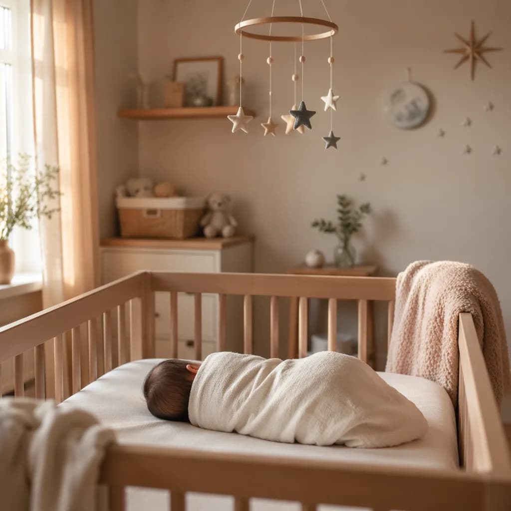 A peaceful pastel nursery with a sleeping swaddled baby and star mobile in soft natural light.