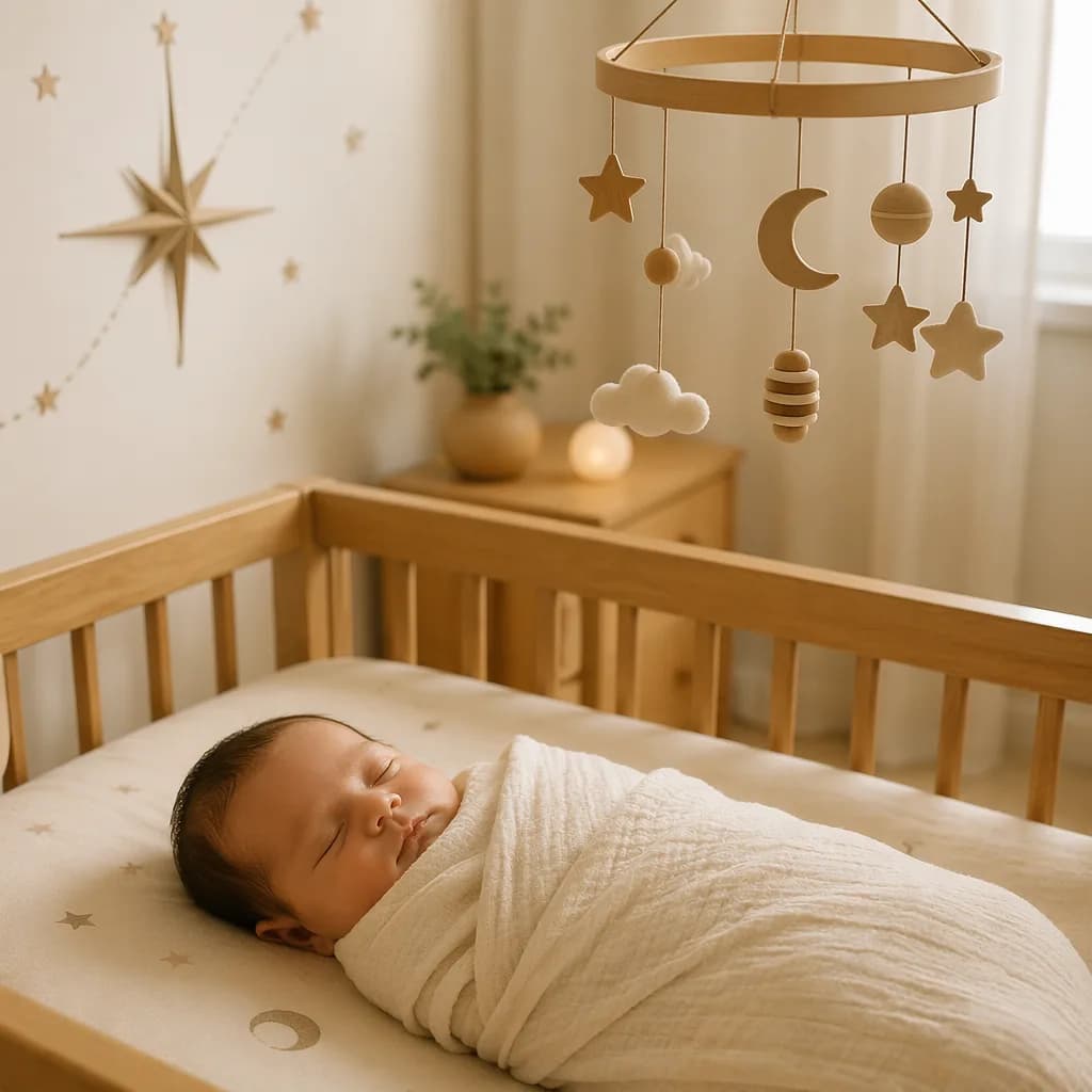 Peaceful baby in a pastel nursery with soft star-themed decor.