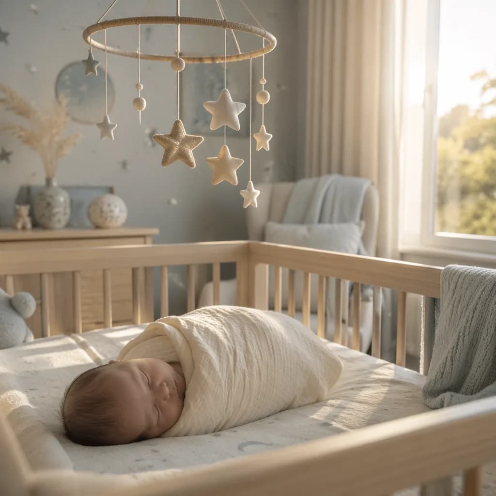 A peaceful pastel nursery with a sleeping swaddled baby and star mobile inspired by Dhruva.