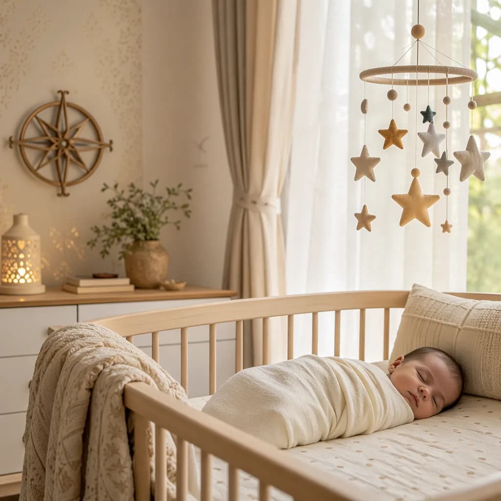 Sleeping baby in a soft pastel nursery with star-themed decor.