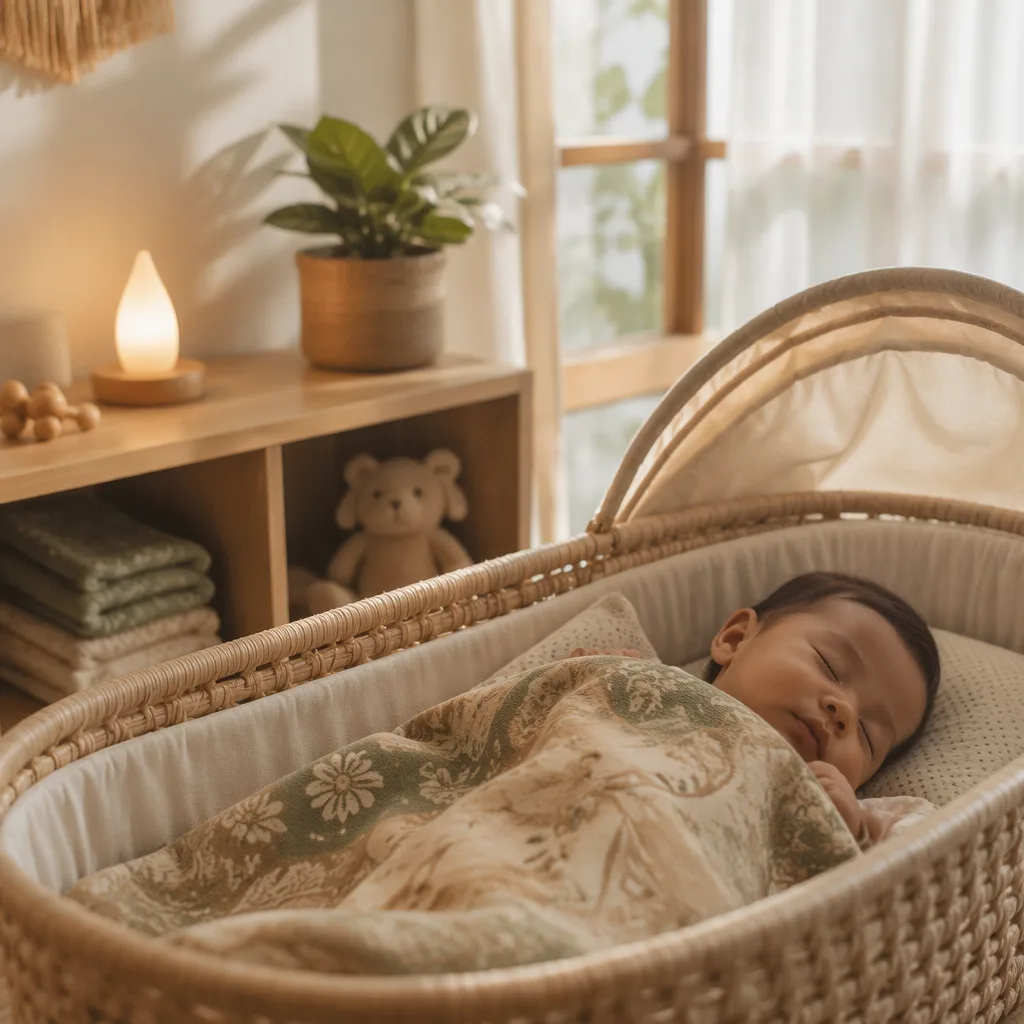 Indonesian baby sleeping in a soft pastel nursery with a gentle light motif.