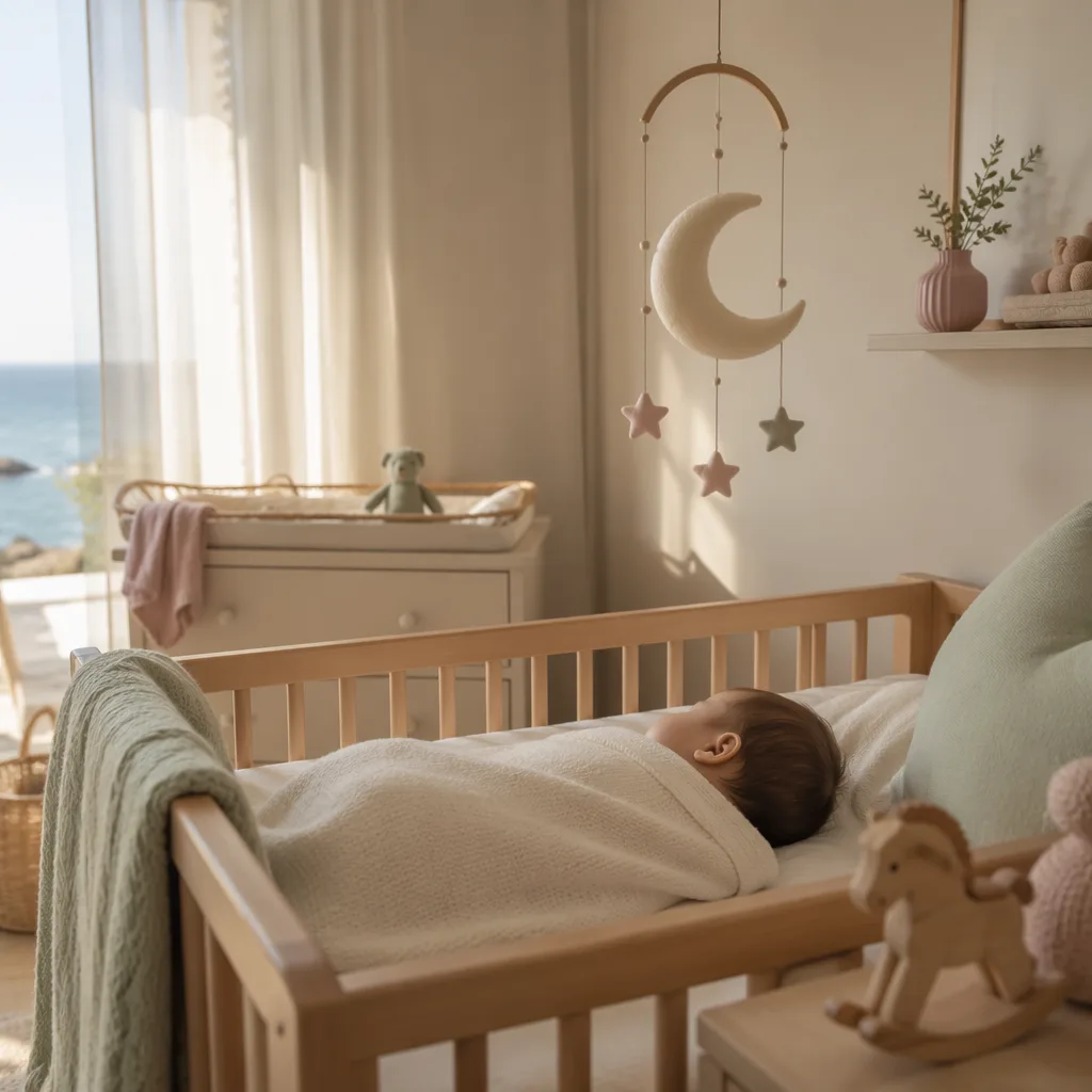 A peaceful pastel nursery with a sleeping baby, crescent moon mobile, and wooden horse toy.
