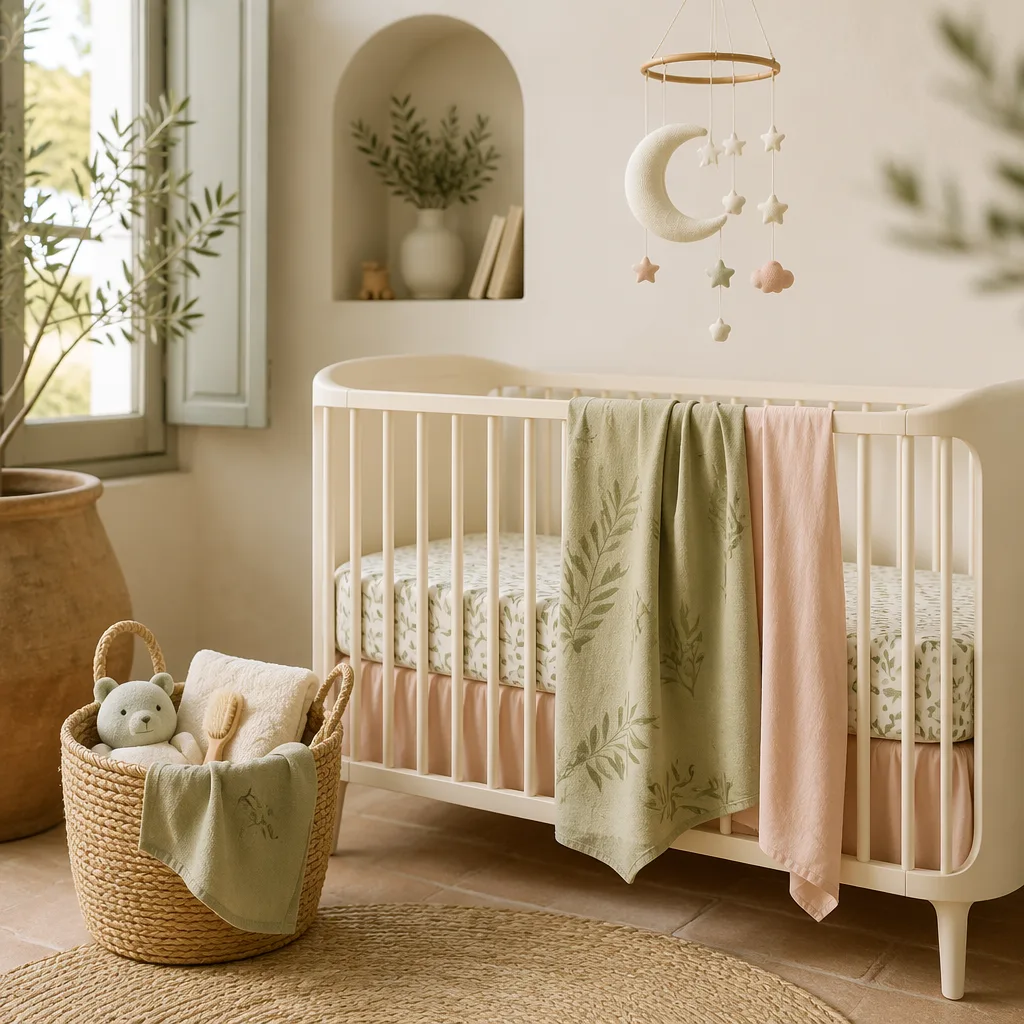 Soft Italian-inspired nursery with crescent moon mobile and pastel baby linens