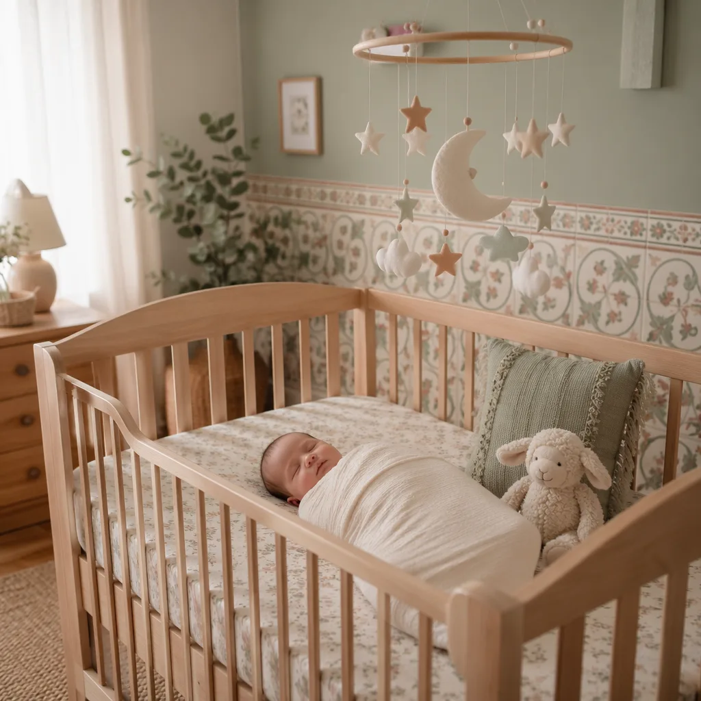 Sleeping baby in a soft pastel nursery with a moon mobile and plush lamb.