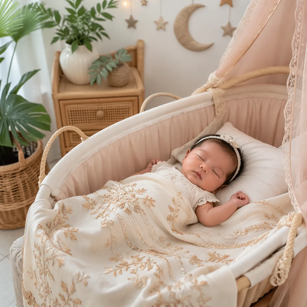 Peaceful Filipino baby sleeping in a warm pastel nursery with soft moon decor and cozy rattan accents.