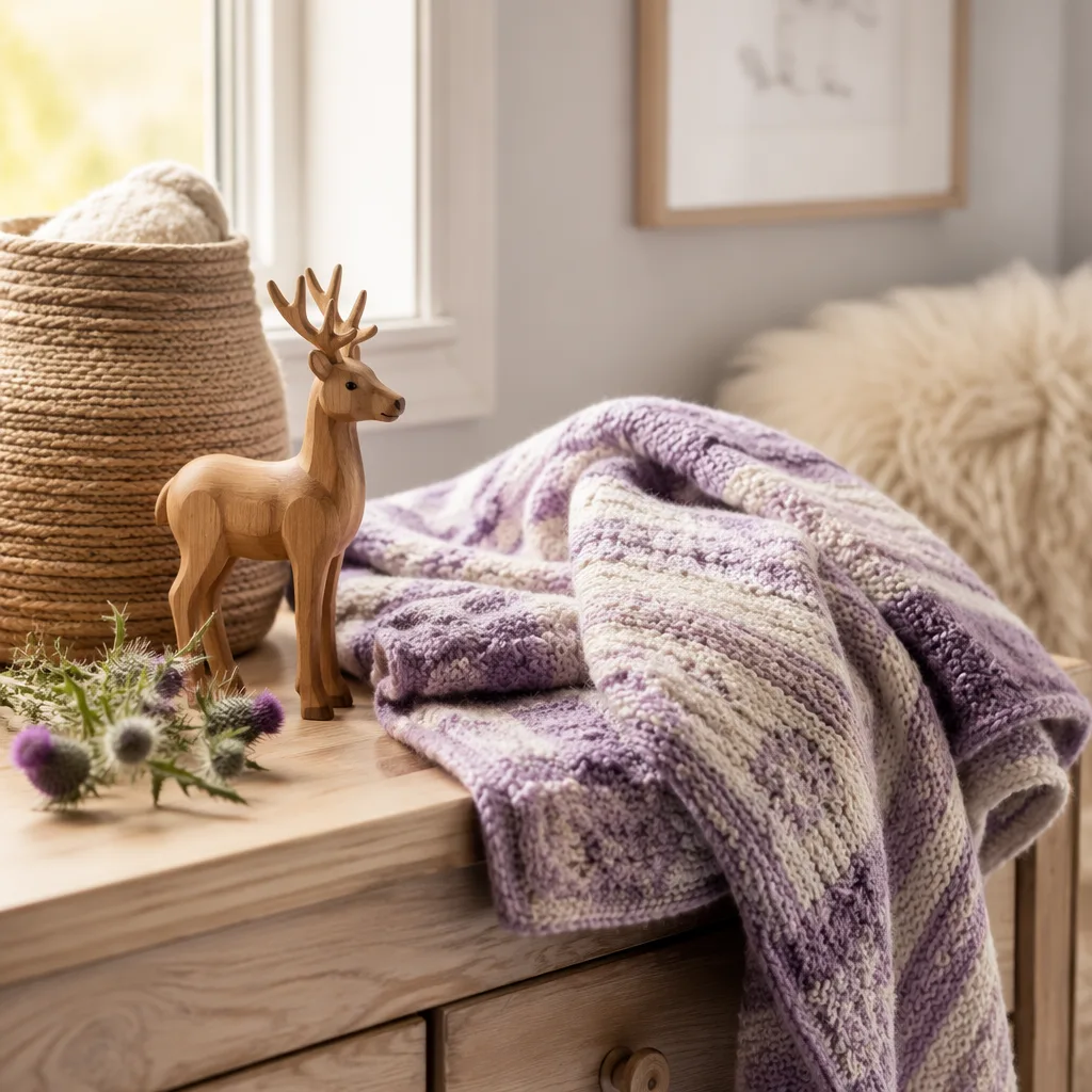Cozy Scottish-inspired nursery still-life with baby blanket, wooden stag toy, and thistle.