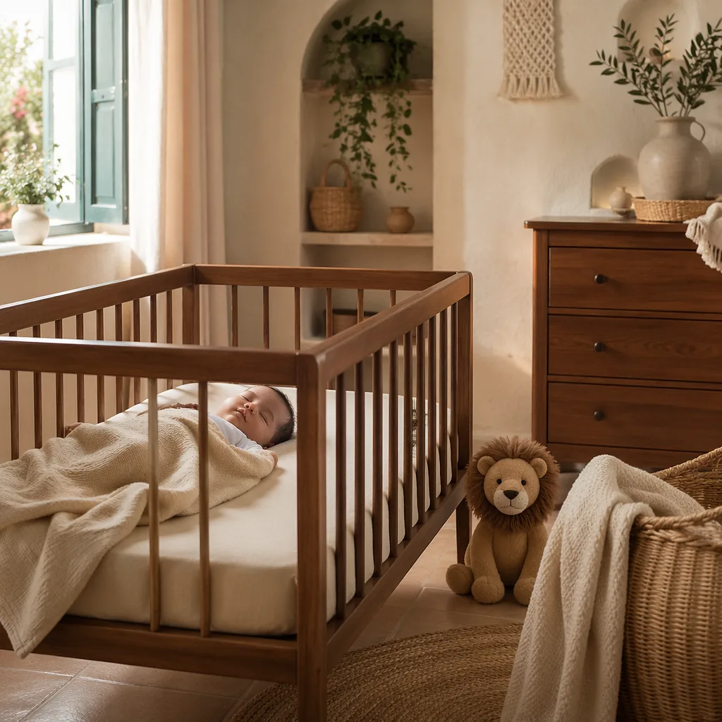 Soft pastel Spanish-inspired nursery with a sleeping baby, plush lion, and chestnut wood accents.